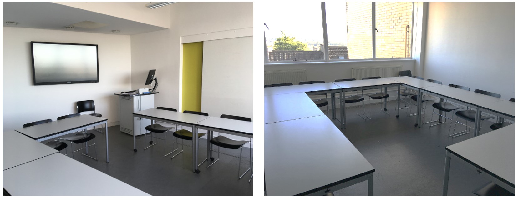 Chairs and tables in small groups around the room. The room has whiteboards fixed to the walls.